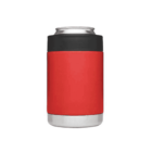 A red and black insulated can cooler with a silver can inside, isolated on a white background. The cooler is cylindrical with a stainless steel base.