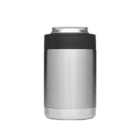 A stainless steel can cooler with a black rubber grip at the top, designed to hold and insulate a beverage can. The cooler has a sleek and modern appearance against a plain white background.