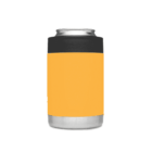 A beverage can featuring a bright orange label in the middle with a black band on the top and a silver base. The can is isolated on a plain white background.