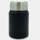 A cylindrical, stainless steel thermos with a black body and a silver cap is centrally positioned against a white background.