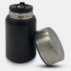 A black thermos with a silver lid placed on its side, showing the open mouth of the thermos. The lid has a metallic finish, contrasting with the matte black body. The background is plain white.