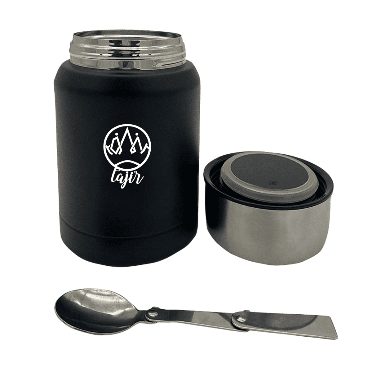 Black insulated food jar with a white mountain logo and tajr text. The jar has a metal lid, shown open, and is accompanied by a foldable metal spoon. The lid doubles as a serving bowl.