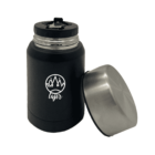 A black insulated beverage container with a silver lid laying on its side. The container features a white logo with mountain peaks and the word tajir beneath it. The lid is detachable and shiny.