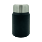 A black insulated thermos with a shiny stainless steel lid. The design is sleek and cylindrical, suitable for keeping beverages hot or cold.