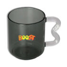 A transparent gray mug with a clear handle shaped like a B. The word BOOST is printed on the side in colorful, bold letters.