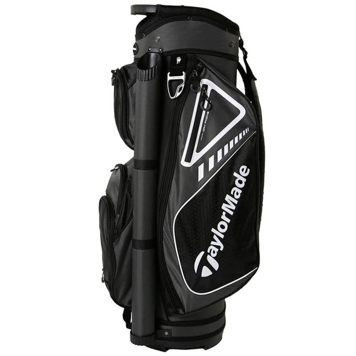 A black and gray TaylorMade golf bag with multiple zippered compartments, a sturdy handle, and the brand logo prominently displayed.