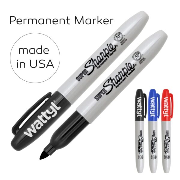 Image shows a set of permanent markers labeled Wattyl in black, blue, and red. The markers are branded Super Sharpie and are made in the USA. Two markers are shown capped, one uncapped with a visible tip, and a smaller version of each color is displayed.