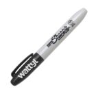 A black permanent marker with a white barrel, labeled Super Sharpie and Wattly on the cap. The marker includes a black clip on the cap for easy attachment.