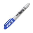 A blue-capped Sharpie marker with Super Sharpie written in black on the white body. The cap has Wattyl printed in white.