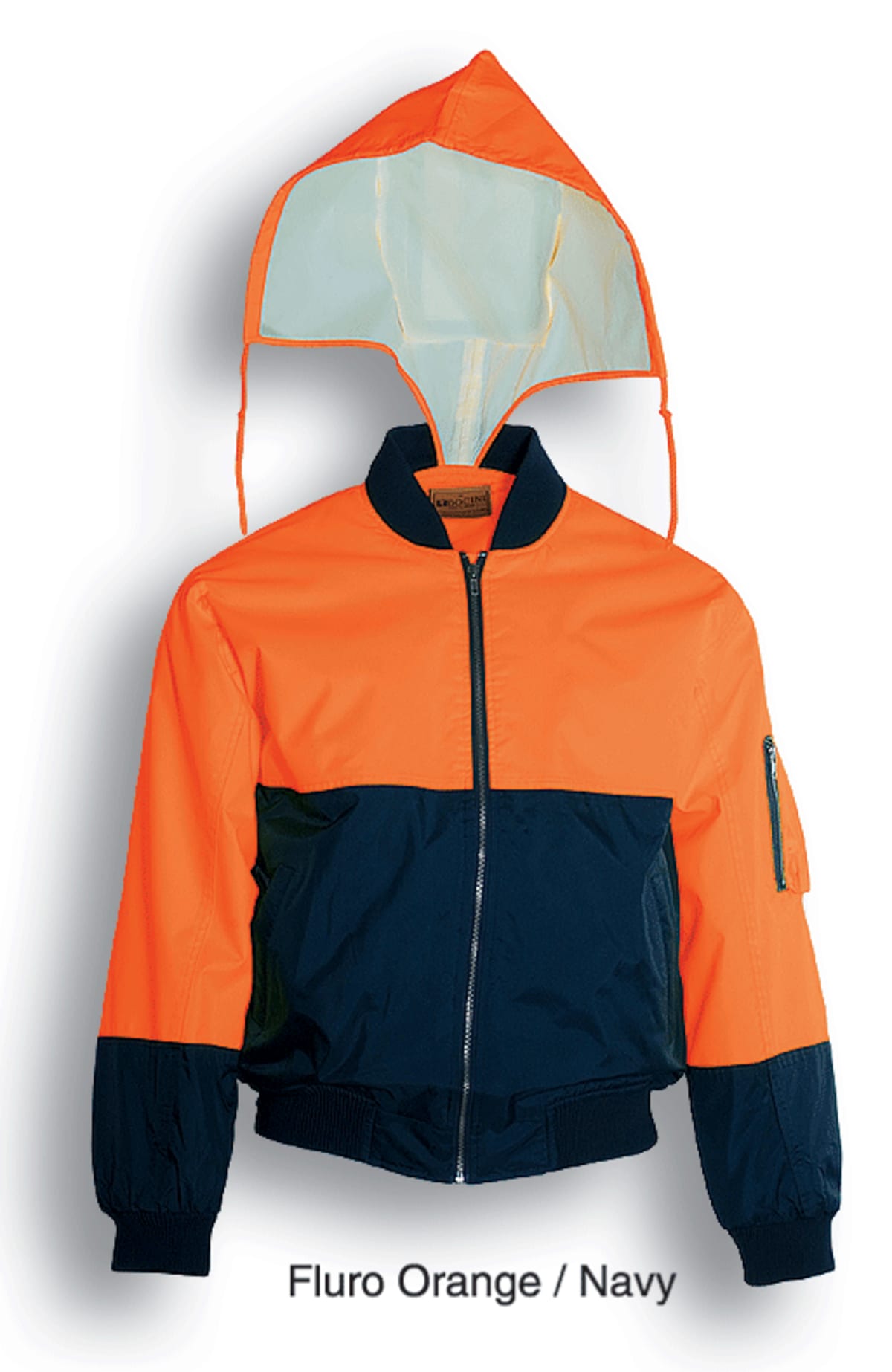 Bright orange and navy bomber jacket with a contrasting color block design. It features a zippered pocket on the sleeve and a hood with a transparent panel. The jacket is labeled Fluro Orange / Navy.