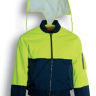A two-tone jacket with bright yellow on the top and navy on the bottom. It features a front zipper, side pockets, and a zippered pocket on one sleeve. The hood is bright yellow with a white lining. The text reads Fluro Yellow / Navy.