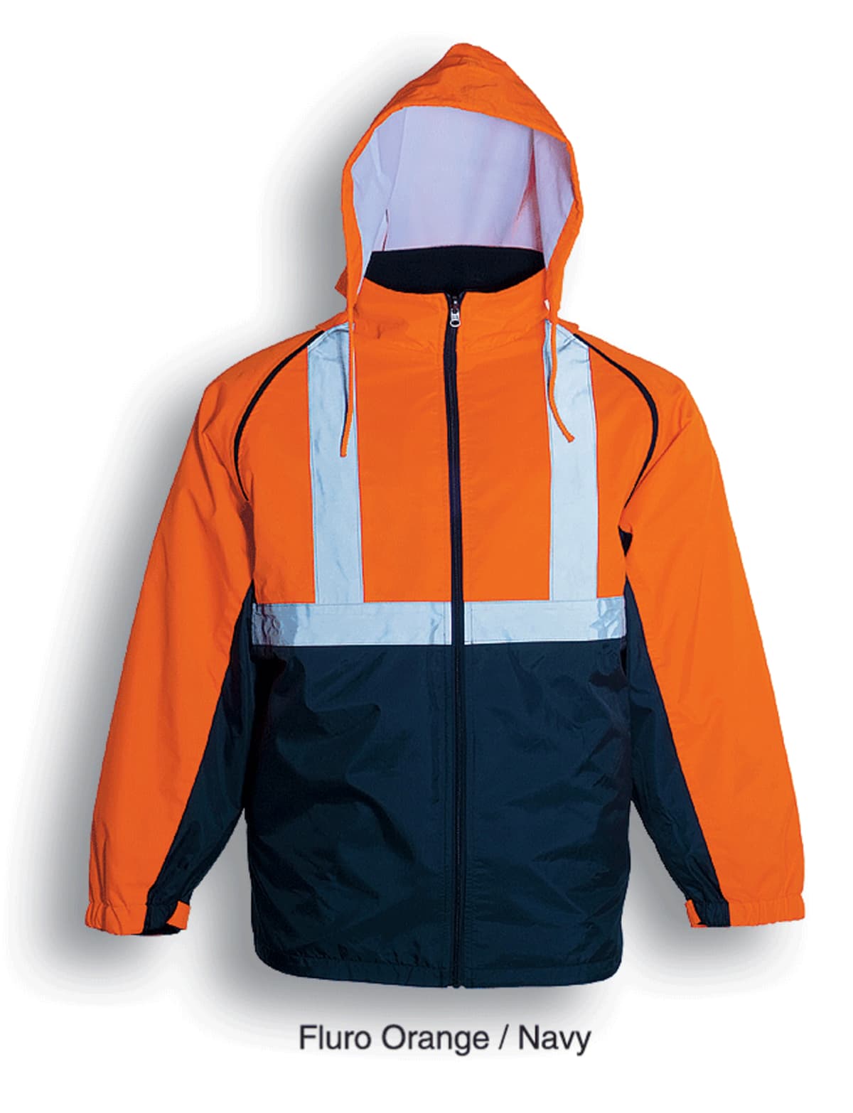 A high-visibility jacket with orange and navy colors. It features reflective strips on the chest and arms, a front zipper, and an attached hood. The label reads Fluro Orange / Navy.