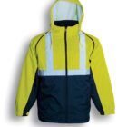 High-visibility jacket with fluorescent yellow and navy colors. It features reflective silver strips on the chest and has a hood. The bottom half is navy, with the jacket labeled Fluro Yellow/Navy.