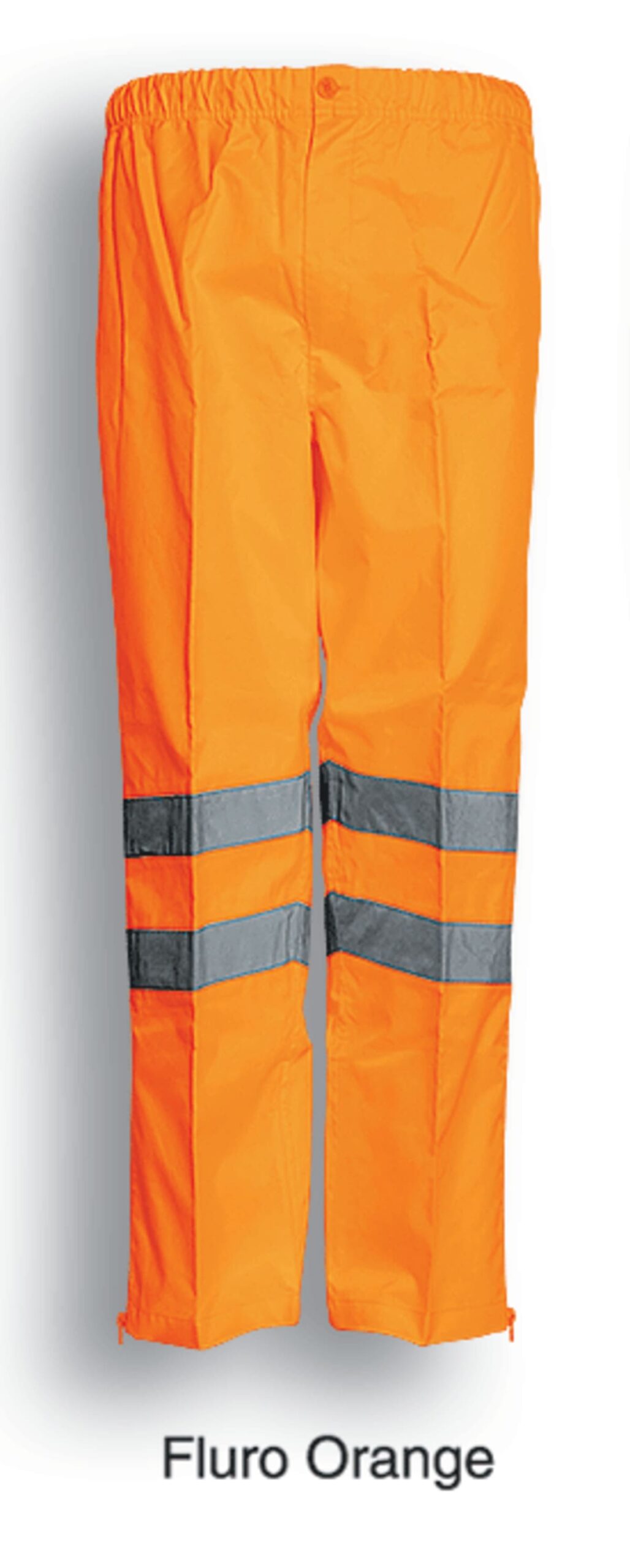 Bright orange safety pants with reflective gray stripes around the knees, shown against a white background. The text Fluro Orange is displayed below.