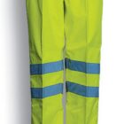 Bright fluorescent yellow pants with two horizontal reflective blue stripes near the knees. Elastic waistband and straight-leg design. Shadow cast on a white background. Label reads Fluro Yellow below the pants.
