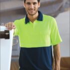 A man with short dark hair smiles while wearing a bright green and navy polo shirt. He leans against a white surface. The words BOCINI and WORK WEAR are displayed on the image.