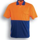 A polo shirt with a fluorescent orange top half and a royal blue bottom half. It features a pocket on the left chest and a folded collar with blue trim. Text below reads Fluro Orange / Royal.