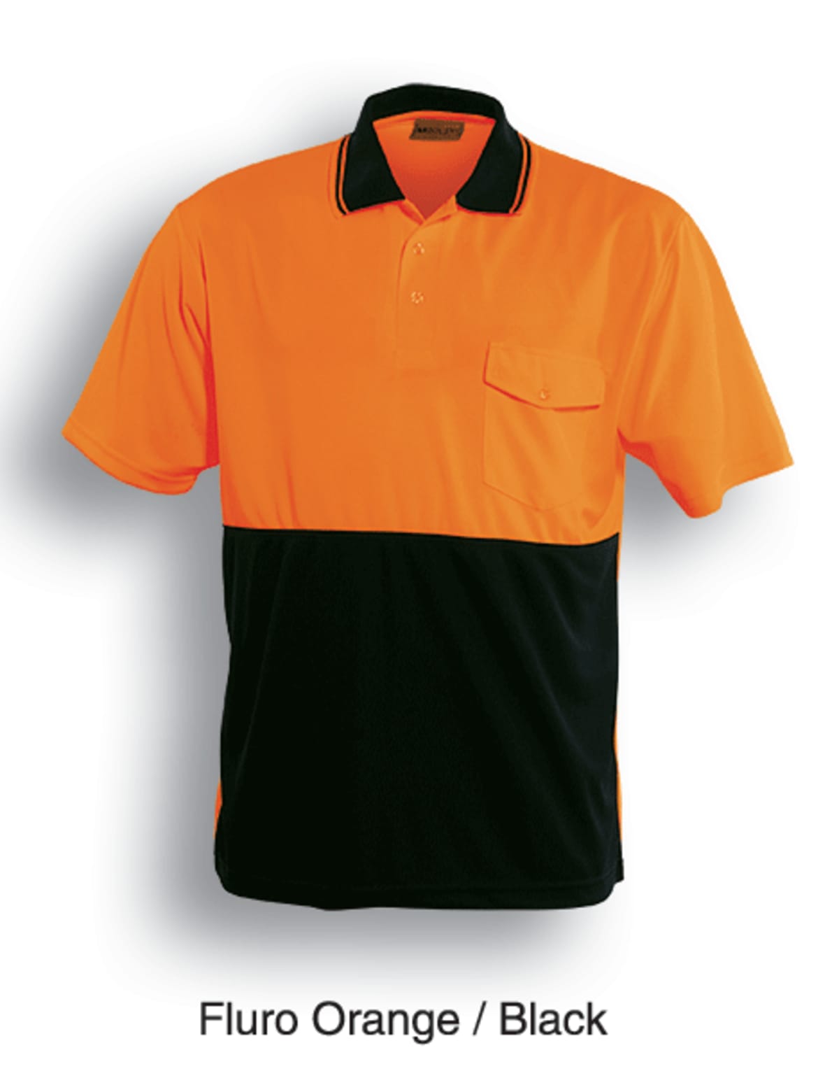 A short-sleeve polo shirt divided horizontally into fluorescent orange on the top half and black on the bottom half. It features a collar with a black trim and an orange pocket on the chest. The text reads Fluro Orange / Black.