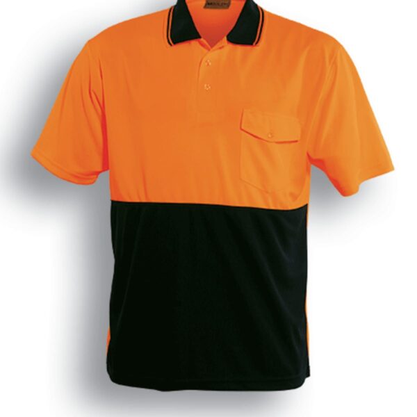 Bright orange and black short-sleeve polo shirt with a collar. The upper part is fluorescent orange, and the lower part is black. There is a chest pocket on the left side. The text below reads Fluro Orange / Black.