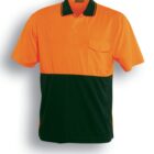 A short-sleeved polo shirt with a bright orange top half and a dark green bottom half. The collar is black and there is a chest pocket on the left side. The shirt is labeled Fluro Orange / Bottle.