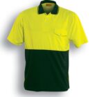 A two-toned polo shirt with a bright fluorescent yellow top half and dark green bottom half. It features a black collar, a button placket, and a chest pocket on the left side. The text reads Fluro Yellow / Bottle below the shirt.