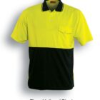 A short-sleeve polo shirt with a fluorescent yellow top half and black bottom half. It features a black collar with yellow trim and a buttoned chest pocket. Text below reads Fluro Yellow / Black.