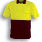 Polo shirt with a fluorescent yellow top half, including the collar and a chest pocket, and a maroon bottom half. The text below reads Fluro Yellow / Maroon.