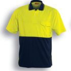 A two-toned polo shirt with a bright yellow top and navy blue bottom. It features short sleeves, a chest pocket, and a collar with button closure. The text below reads Fluro Yellow / Navy.