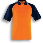 Short-sleeved polo shirt featuring a bright orange front and back with navy blue sleeves and collar. The shirt includes a button-up neckline and is labeled Fluro Orange / Navy.
