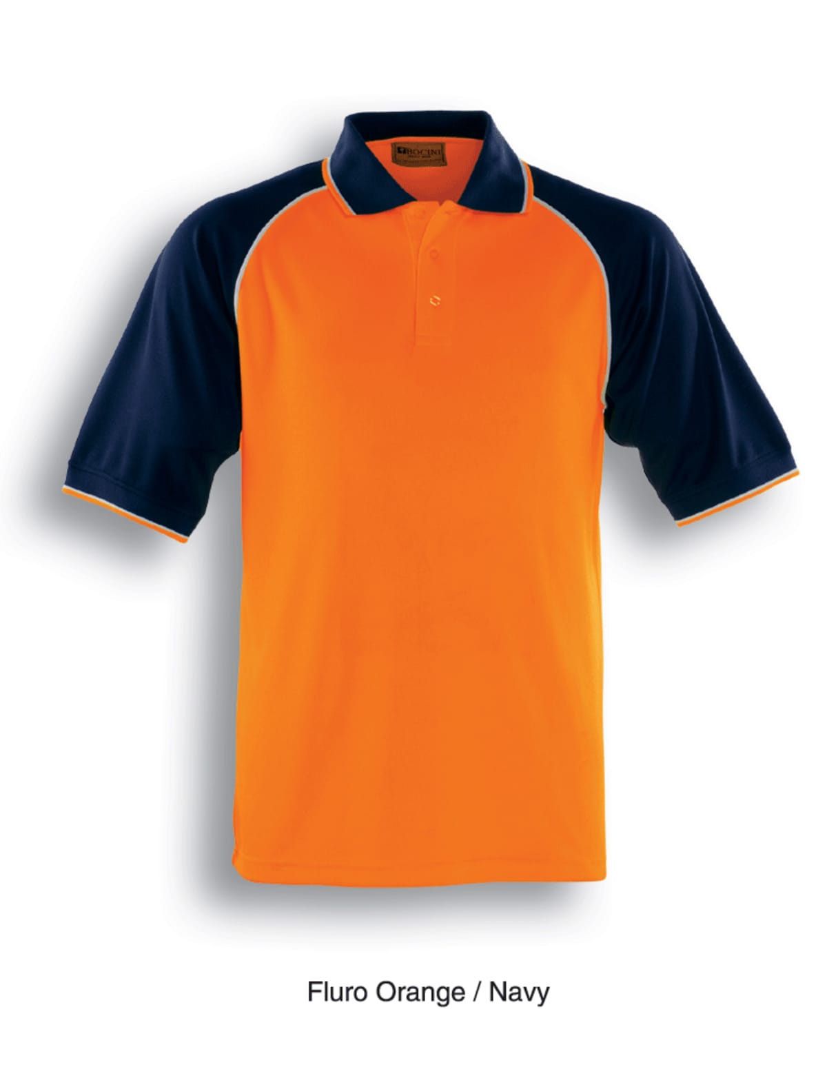 Short-sleeved polo shirt featuring a bright orange front and back with navy blue sleeves and collar. The shirt includes a button-up neckline and is labeled Fluro Orange / Navy.