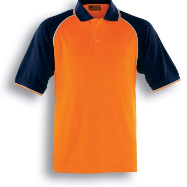 A polo shirt with a bright orange body and navy blue sleeves. The shirt features a collar and buttons down the front. The colors are labeled as Fluro Orange/Navy at the bottom.
