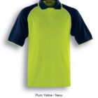 A polo shirt with a fluorescent yellow body and navy blue sleeves and collar. The text under the shirt reads Fluro Yellow / Navy.