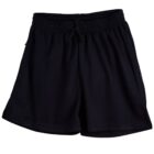 A pair of plain black shorts with an elastic waistband and adjustable drawstring, displayed on a white background. The shorts appear to be made of a lightweight, casual fabric.