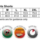 A size chart for SS01A adults sports shorts, displaying waist measurements from S to 5XL and outer leg lengths. Features include CoolDry fabric, moisture wicking, anti-bacterial, UV protection, quick dry, breathable, and easy care.