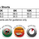 A size chart for SS01K Kids’ Sports Shorts lists waist and outer leg measurements for sizes 6K to 14K. Features include CoolDry fabric, moisture wicking, antibacterial, UV protection, quick dry, breathable, and easy care.