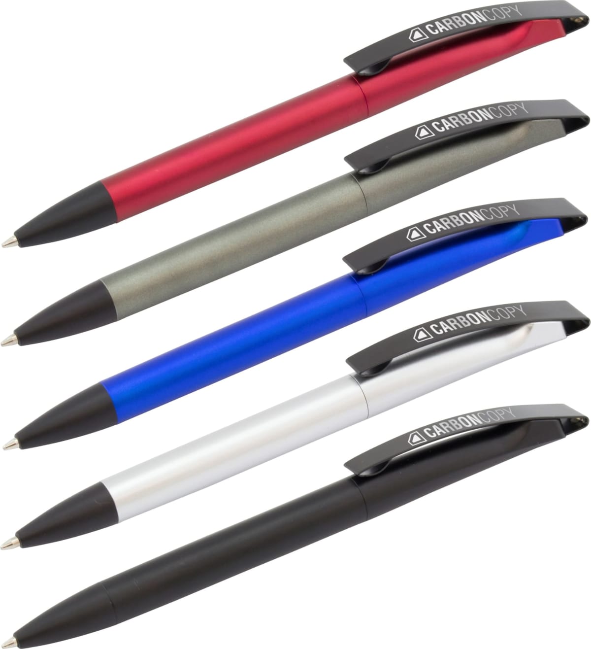 Five ballpoint pens in red, gray, blue, silver, and black are aligned diagonally. Each pen has a black grip and clip, with Carboncopy branding visible on the clip.