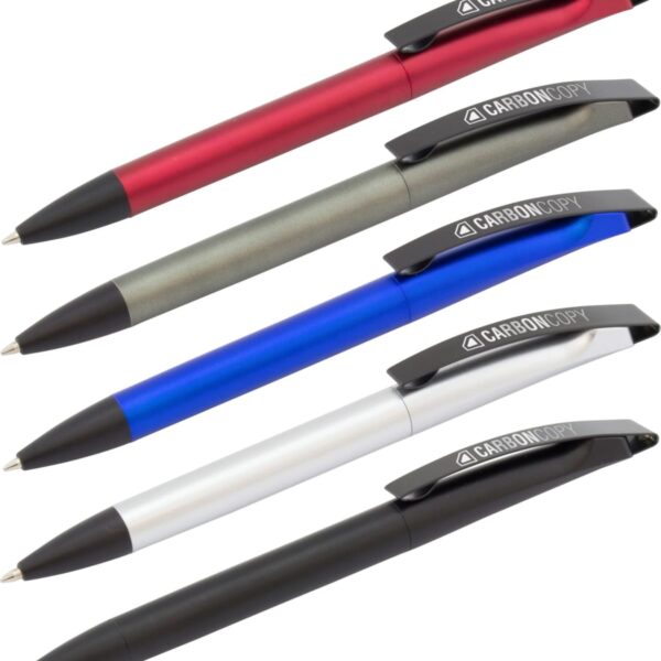 Five pens arranged diagonally, each with a metallic barrel and black clip. Colors include red, silver, blue, white, and black. The clip has CARBONCOPY written on it.