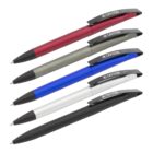 Five ballpoint pens are arranged diagonally, each in different colors: red, gray, blue, silver, and black. They have black clips with a printed logo.