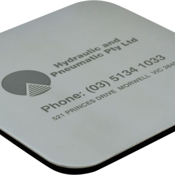 Square metal coaster with engraved text reading Hydraulic and Pneumatic Pty Ltd, a phone number, and an address in Morwell, VIC. Features a circular logo at the top.