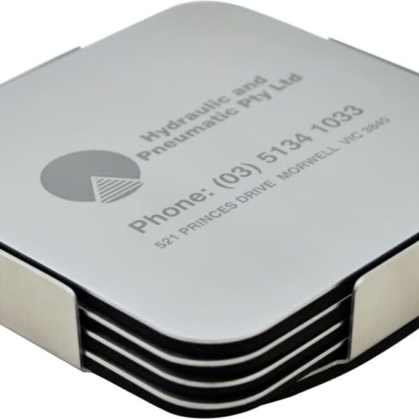 A stack of square coasters with rounded edges and a metal holder. The top coaster has the text Hydraulic and Pneumatic Pty Ltd with contact details, including a phone number and address, printed on it.