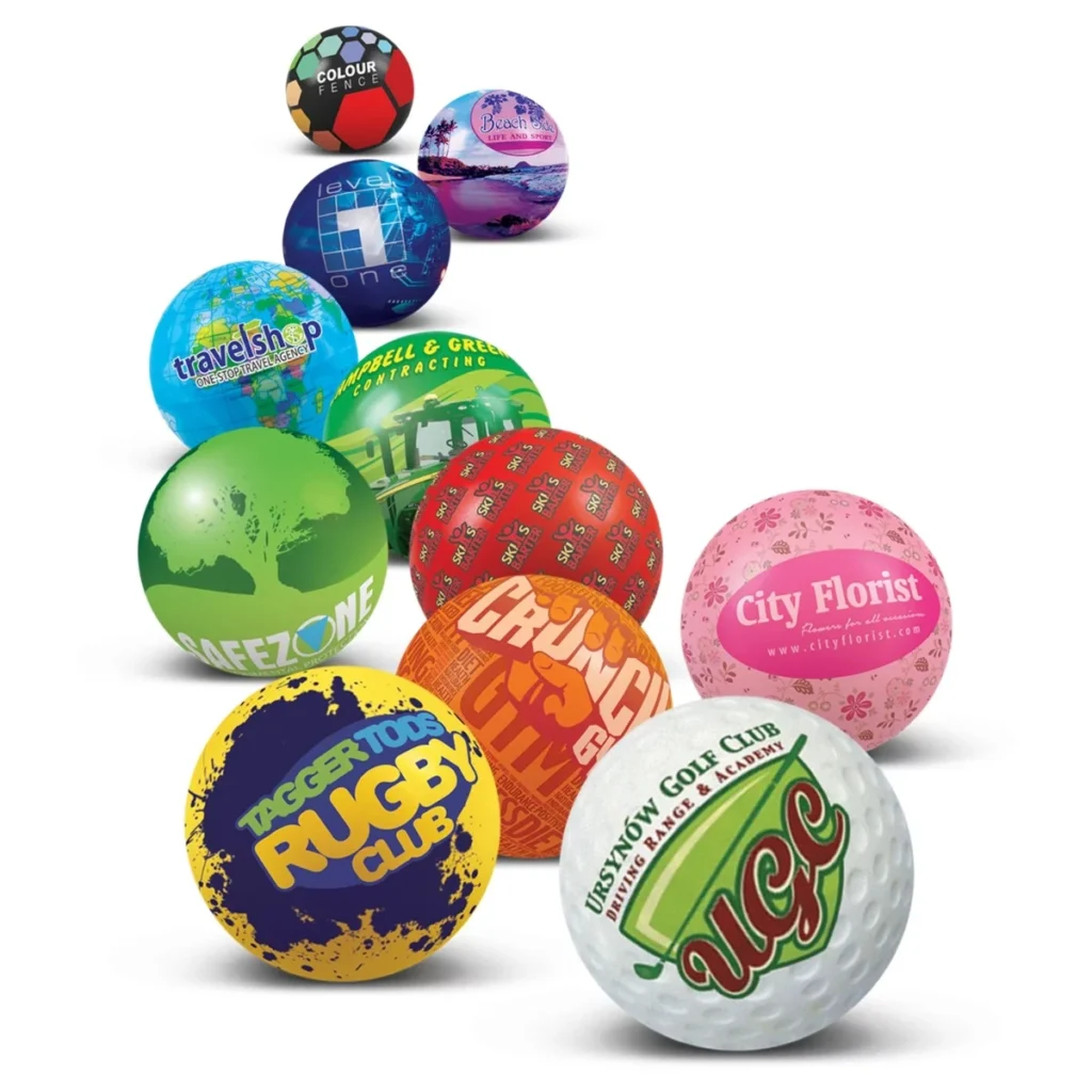different colour of round stress balls with different prints