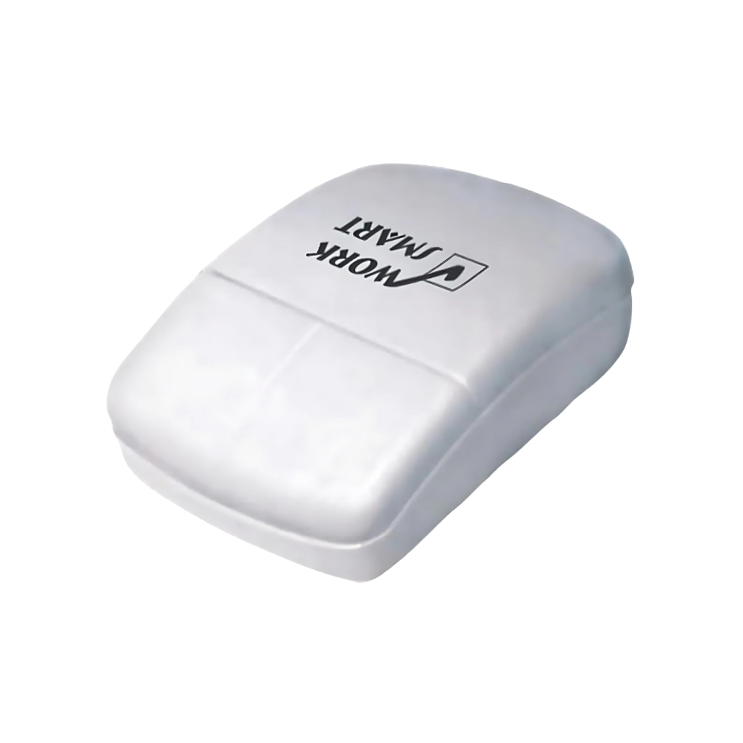 The Computer Mouse Stress Balls are white, rectangular, and minimalist with the Work Mate logo on top. Their smooth, gently curved surface resembles stress balls for a calming feel during busy workdays, featuring a simple design without visible buttons.