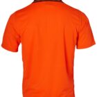 An orange short-sleeve polo shirt with a black collar and a simple design, shown from the back.