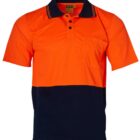 Orange and navy short-sleeve polo shirt with a pocket on the left chest. The shirt features a black collar with orange trim. The upper half is orange, and the lower half is navy.
