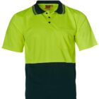 A high-visibility polo shirt with a bright yellow-green top and dark green bottom. It features short sleeves, a button-up collar, and a chest pocket.