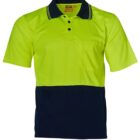 A short-sleeved, two-tone safety polo shirt with a bright neon yellow upper half and a dark navy blue lower half. It features a collar with black and yellow stripes, front buttons, and a chest pocket.