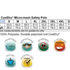 Sizing chart for the SW01CD CoolDry Micro-mesh Safety Polo, featuring sizes S to 7XL with chest and body length measurements. Includes icons for TrueDry fabric, CoolDry, moisture wicking, anti-bacterial, UV protection, and visibility compliance.