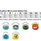 A chart displaying size measurements for a TrueDry Micro-mesh Safety Polo Shirt (sizes S to 7XL) with features like TrueDry fabric, CoolDry polyester, moisture wicking, antibacterial properties, and UPF 30+ sun protection. Made of 60% cotton, 40% polyester.