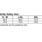 A size chart for the SW02 High Visibility Safety Vest with columns for S-M, L/XL, 2XL, and 3XL. Includes Half Chest and Body Length measurements, and a UPF 15+ logo. Contains advice on weight and size measurements for guidance.