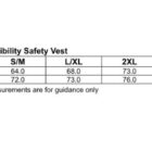 A size chart for the SW03 High Visibility Safety Vest displays measurements for half chest and body length across sizes S/M, L/XL, 2XL, and 3XL. Includes a UPF 15+ logo and a certification seal.